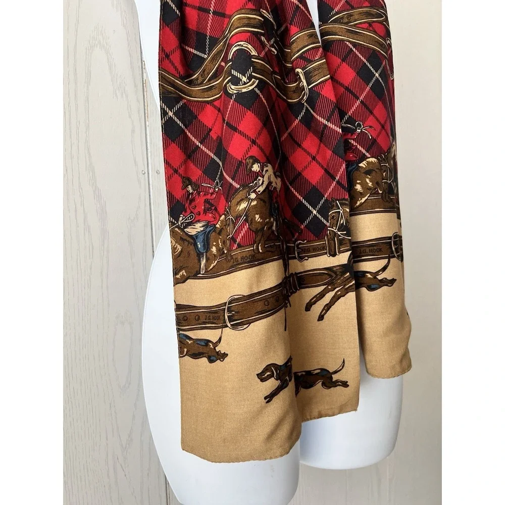 Vintage Double Face EQUESTRIAN Scarf Red Tartan Jockey Dachshund JG Hook